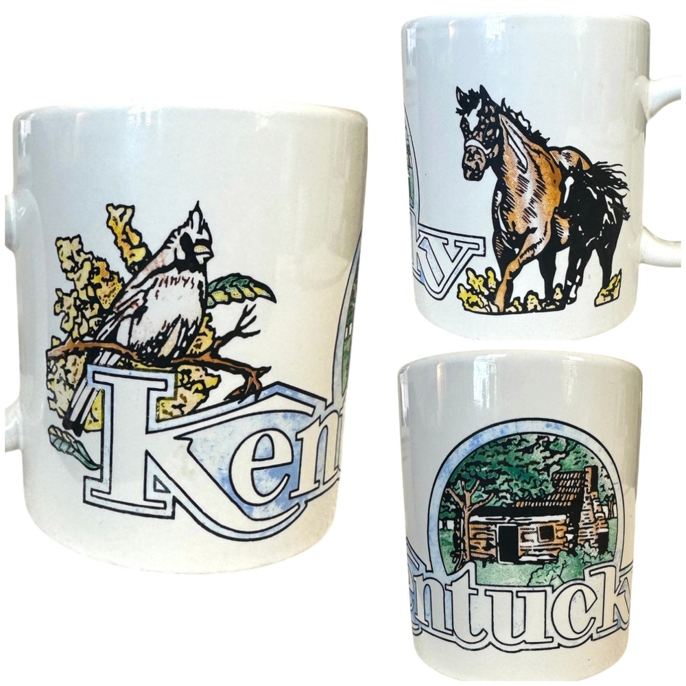 VTG Kentucky State Souvenir Mug Cardinal Horse Log Cabin Coffee Cup Americana
